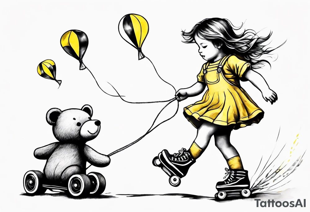 a little girl in a dress & a teddy bear in roller skates and yellow overalls, flying kites tattoo idea
