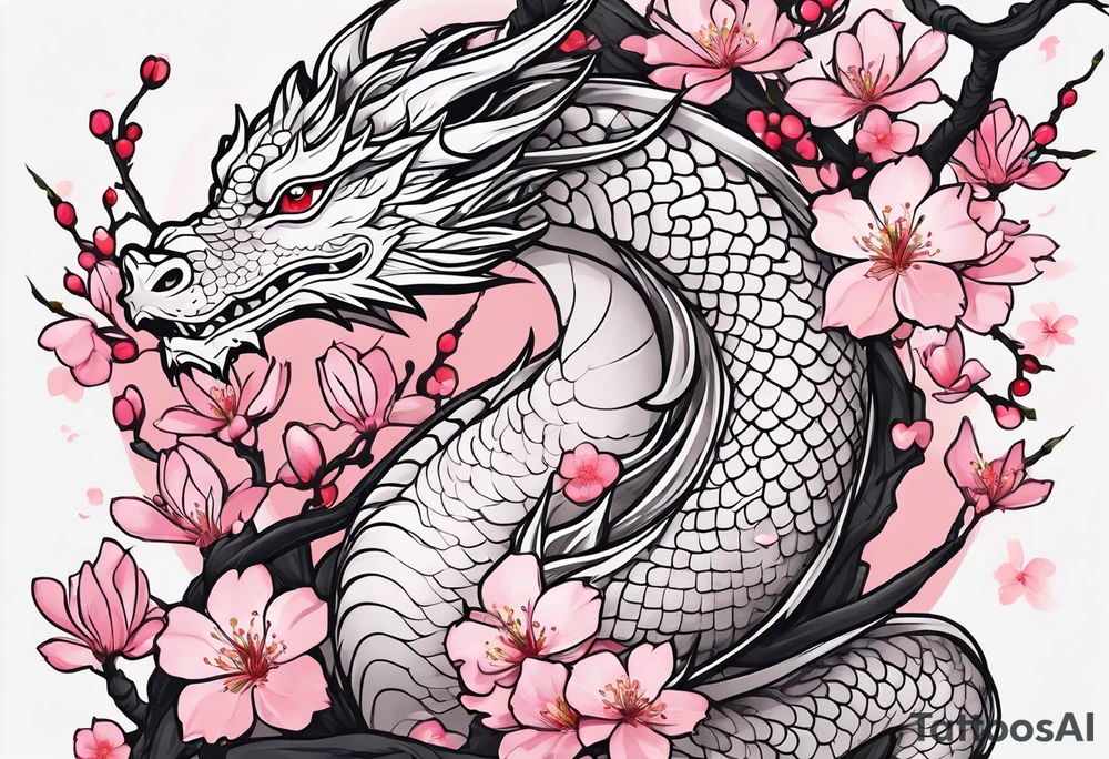 Delicate feminine simple dragon intertwined in cherry blossom, soft lines, soft dragon, pleasant dragon, beautiful cherry blossom tattoo idea