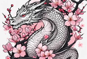 Delicate feminine simple dragon intertwined in cherry blossom, soft lines, soft dragon, pleasant dragon, beautiful cherry blossom tattoo idea