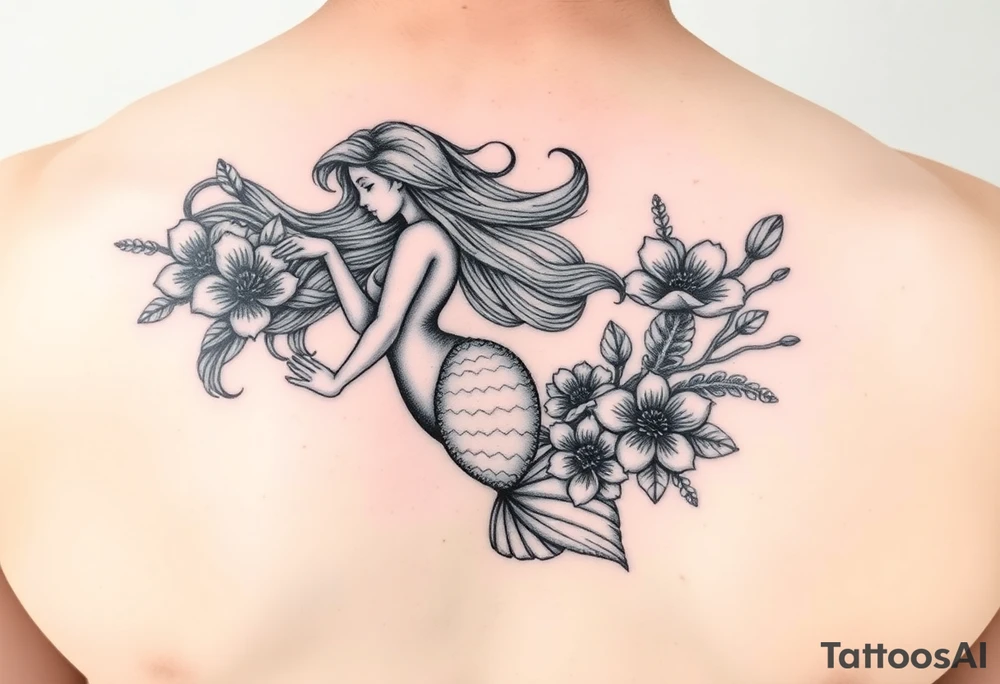 ethereal mermaid with flowing hair among coral and sea flowers tattoo idea