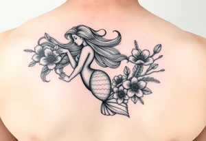 ethereal mermaid with flowing hair among coral and sea flowers tattoo idea