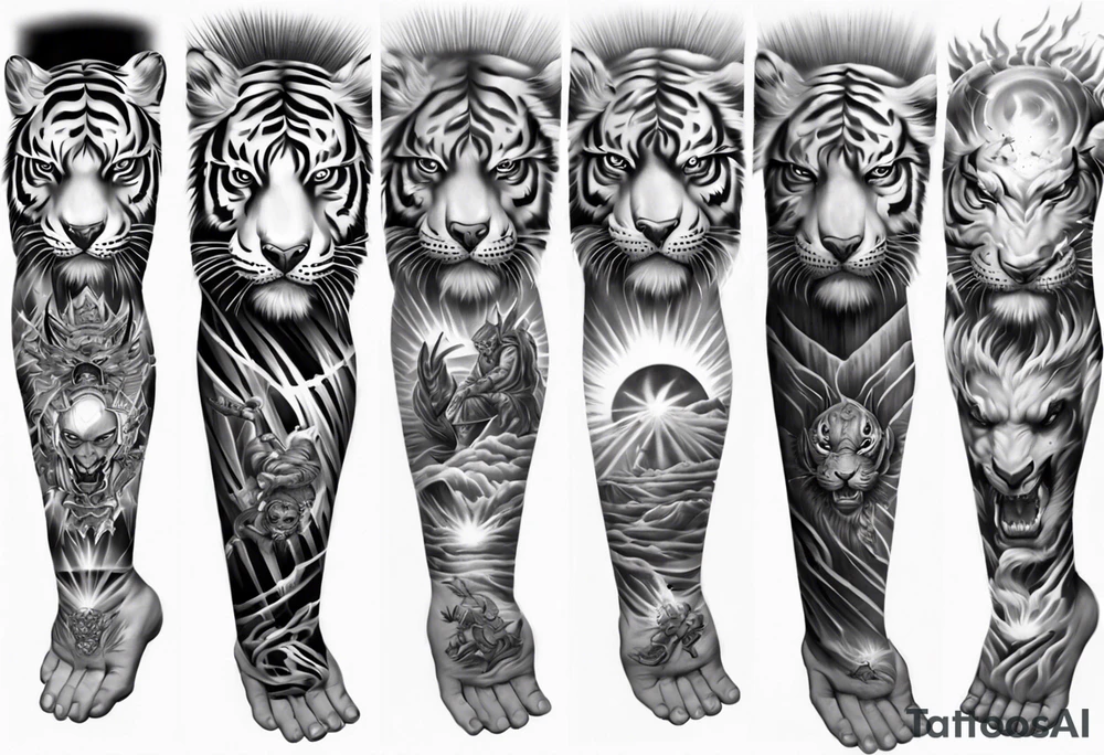 Tiger Warrior sleeve tattoo with lightning and the sun
Forearm sleeve tattoo idea