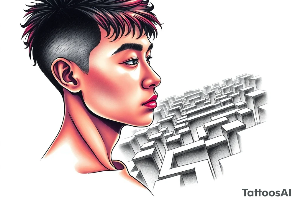 Handsome Asian young guy lost in a nightmarish labyrinth tattoo idea