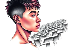 Handsome Asian young guy lost in a nightmarish labyrinth tattoo idea