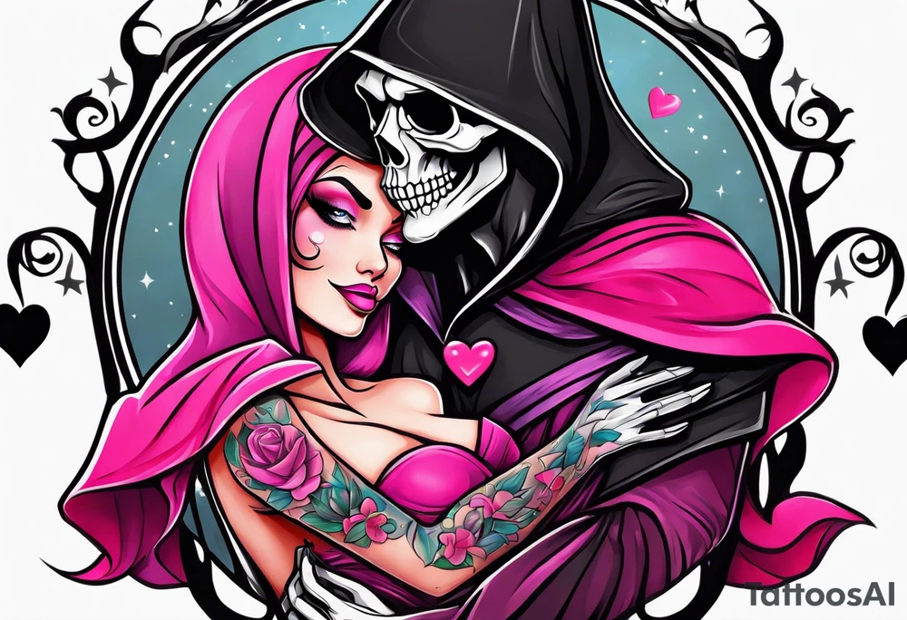 new school tattoo of a male grim reaper with black cloak kissing a female grim reaper in a bright pink cloak with small hearts in pink and red surrounding them tattoo idea