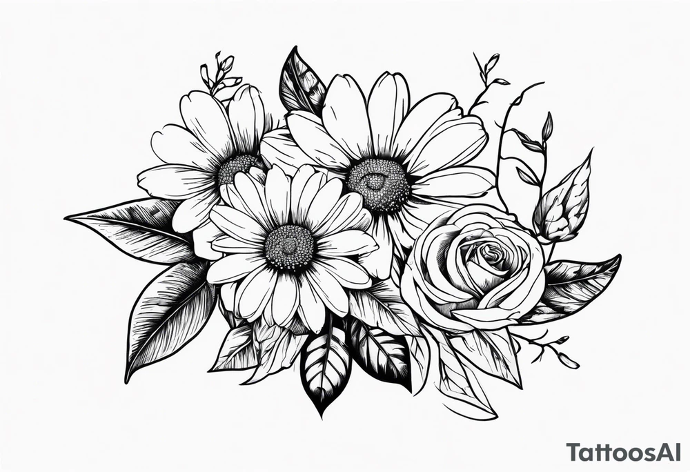 Daisy, rose, holly flower bouquet
All flowers have stems being held by a bow tattoo idea