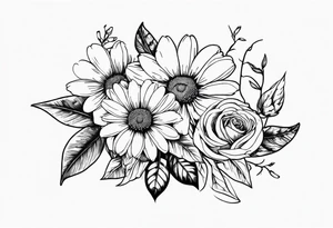 Daisy, rose, holly flower bouquet
All flowers have stems being held by a bow tattoo idea