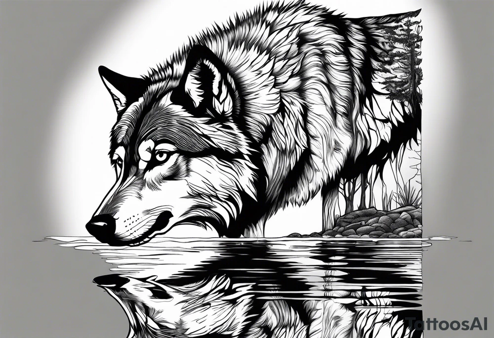 adult wolf standing alone at edge of water seeing himself as a pup in his reflection tattoo idea