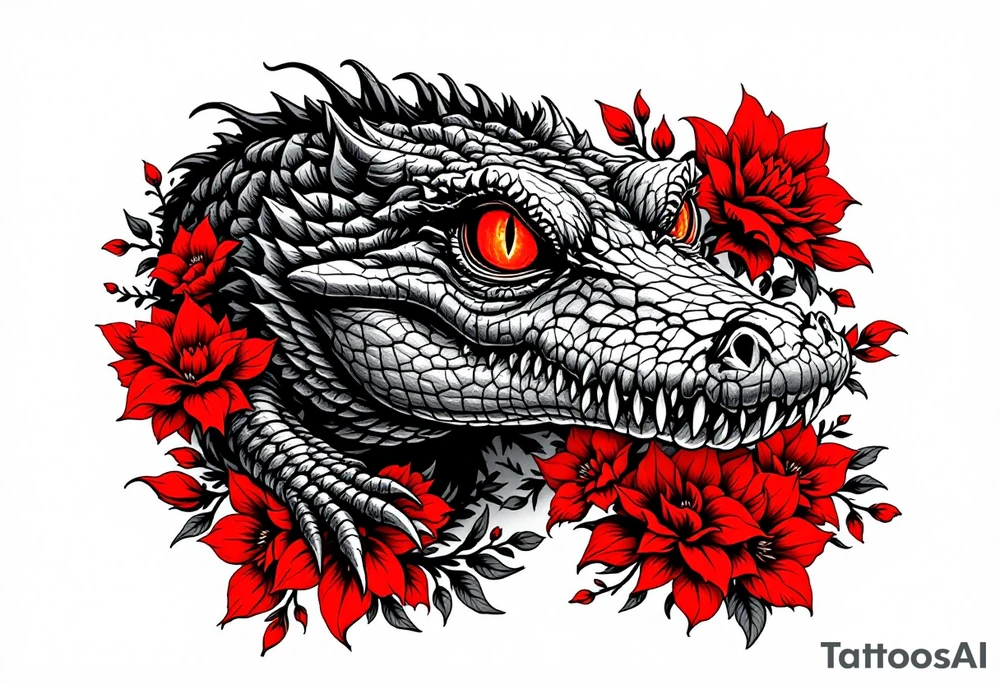 powerful and complete gator with red eyes, surrounded by red floral ornaments tattoo idea