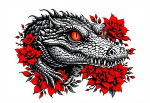 powerful and complete gator with red eyes, surrounded by red floral ornaments tattoo idea