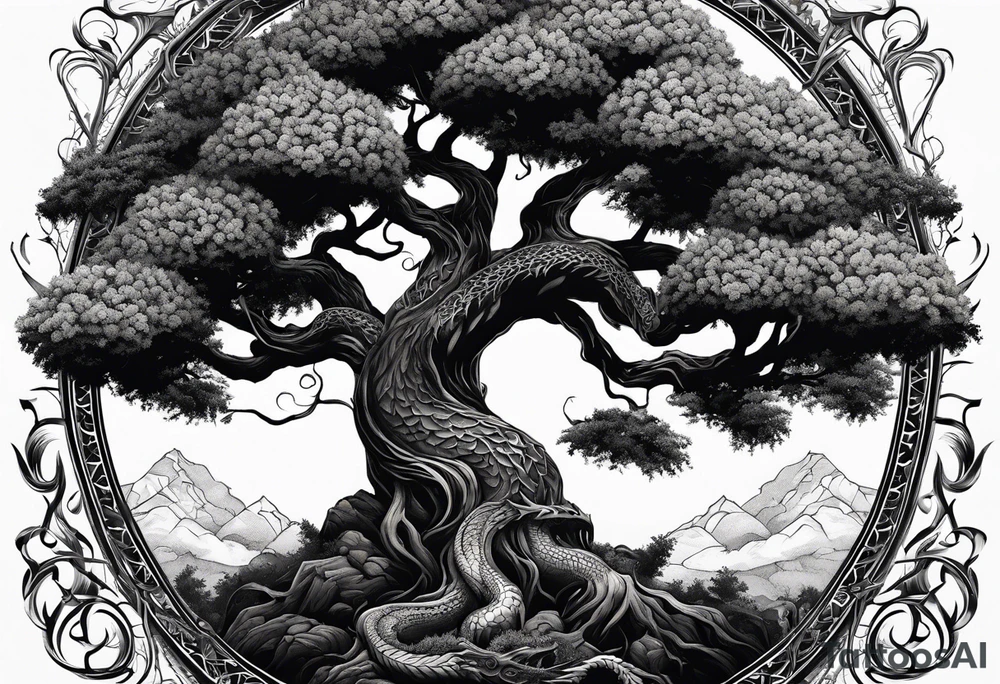 Tree of yigdrassil with dragon and skulls tattoo idea