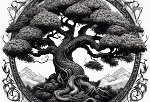 Tree of yigdrassil with dragon and skulls tattoo idea