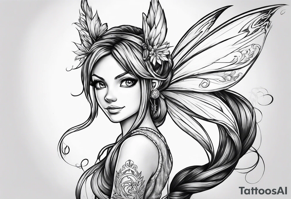 A fairy with a tail inspired by the logo of the show called Fairy Tail in a tattoo design sketch tattoo idea