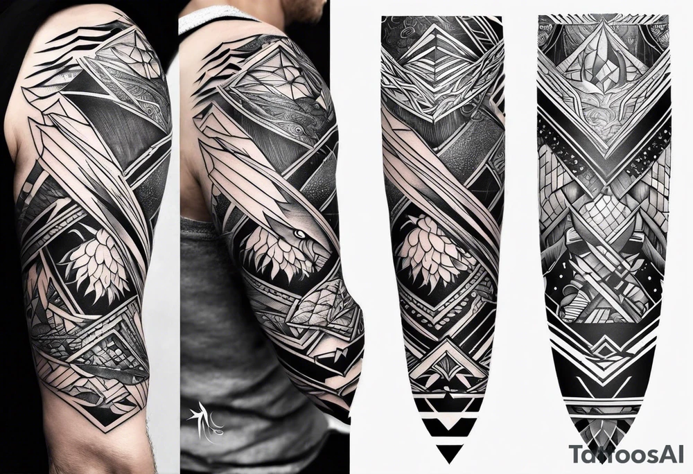 From left shoulder to forearm sleeve tattoo. Fine line geometric, concept design tattoo, ocean thunder fire nature, viking tattoo idea