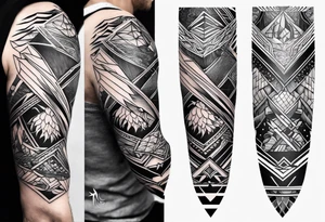 From left shoulder to forearm sleeve tattoo. Fine line geometric, concept design tattoo, ocean thunder fire nature, viking tattoo idea