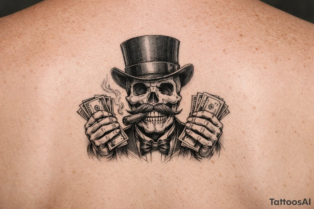 skull with mustache,top-hat,cigar in his mouth,money in both hands. tattoo idea