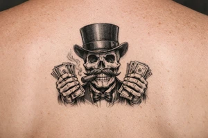 skull with mustache,top-hat,cigar in his mouth,money in both hands. tattoo idea