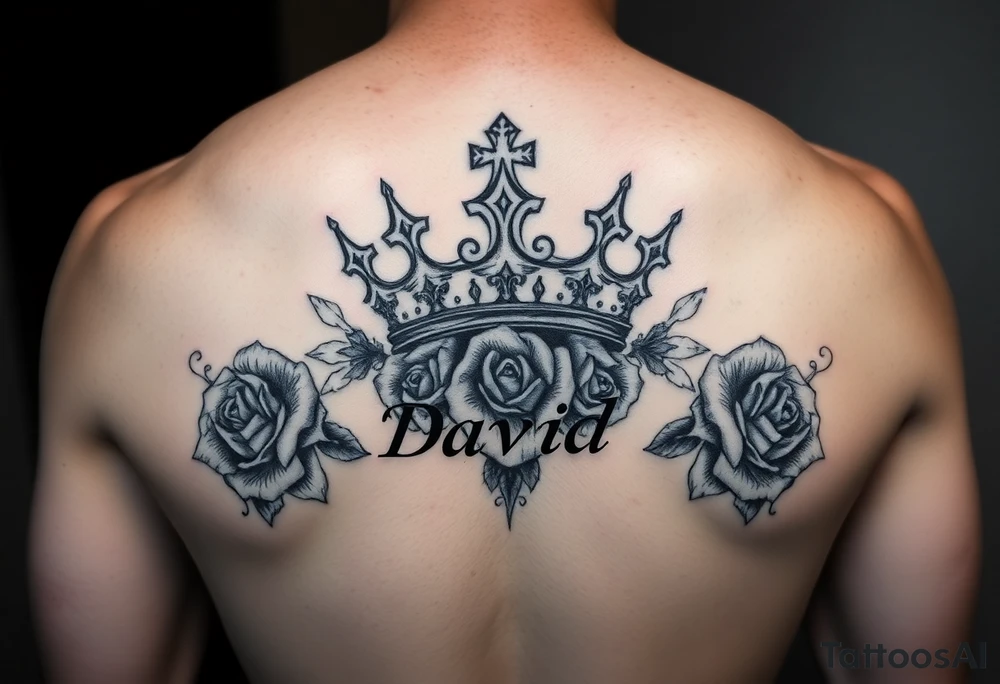 Medium size Kings crown above the name David and roses tattoo idea tattoo idea