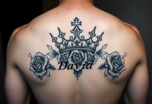Medium size Kings crown above the name David and roses tattoo idea tattoo idea