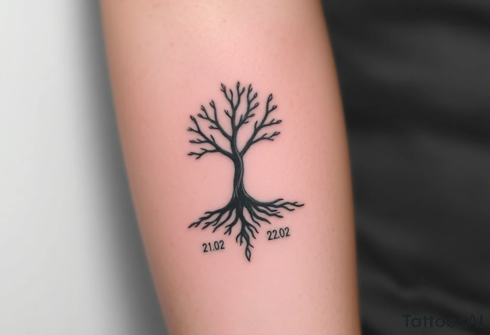 Design a tattoo symbolizing personal rebirth and freedom. or tree emerging from darkness, representing overcoming addiction, self-love, and inner strength. Include dates 21.02 and 22.02 as subtle elements. Style: minimalistic, meaningful, with clean lines and hope-driven symbolism. tattoo idea