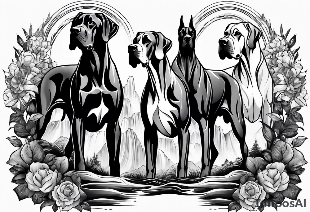 Arm sleeve with four Great Danes in front of waterfall tattoo idea
