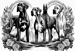 Arm sleeve with four Great Danes in front of waterfall tattoo idea