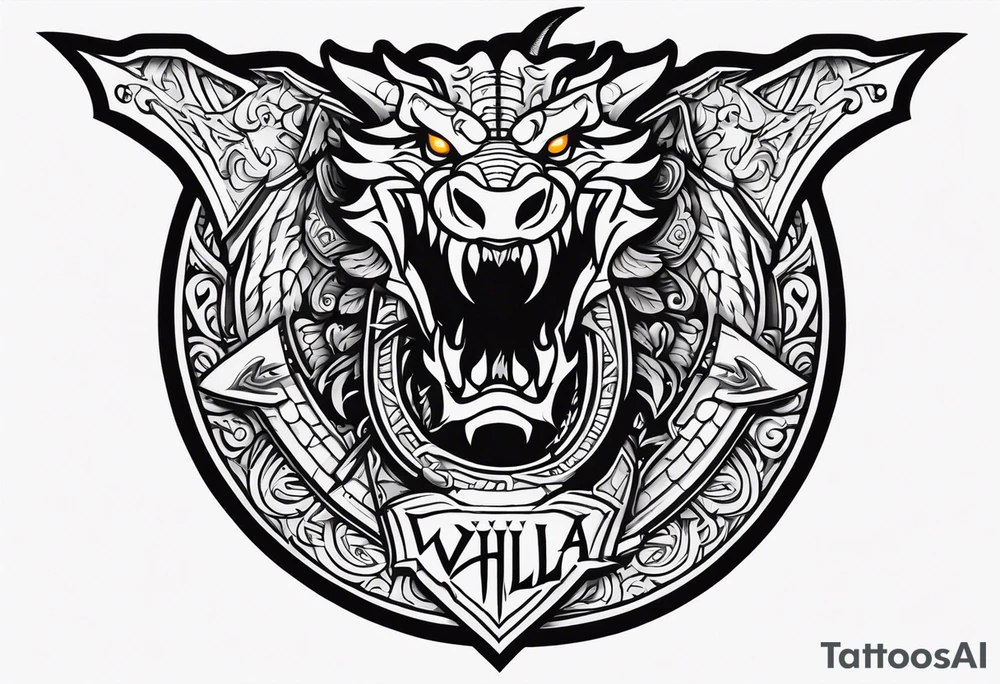 Valhalla sword shield dragon head axe tattoo idea