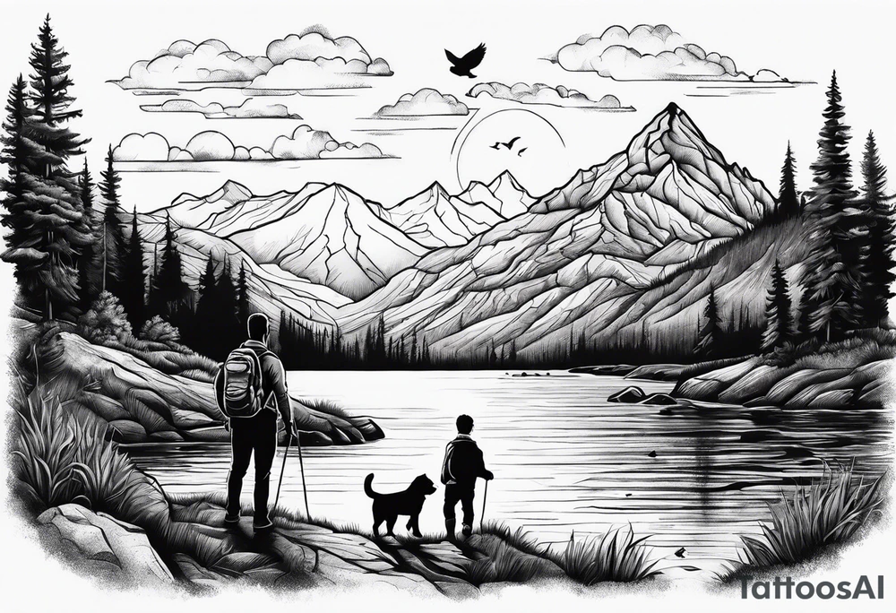 nature, sunset, mountains, a father and son hiking with their dog and cat by the water and a cross tattoo idea