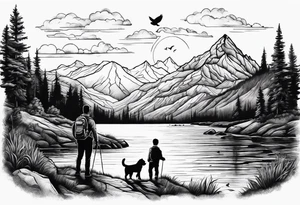 nature, sunset, mountains, a father and son hiking with their dog and cat by the water and a cross tattoo idea