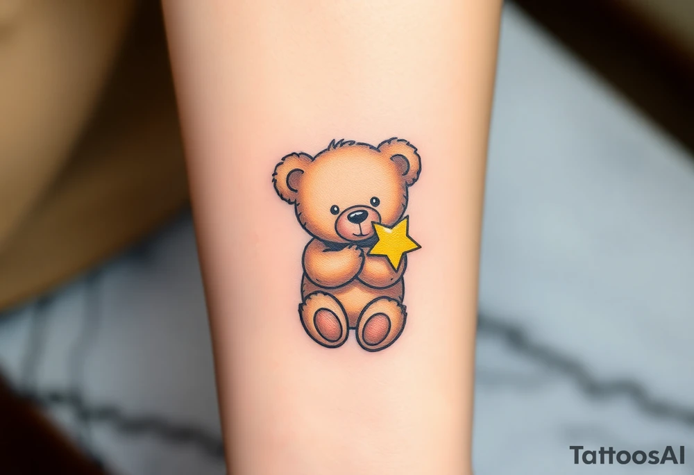 A teddy bear hugging a tiny star, in soft brown and glowing yellow, representing comfort and security. tattoo idea