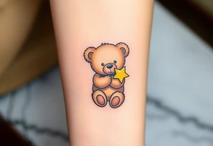 A teddy bear hugging a tiny star, in soft brown and glowing yellow, representing comfort and security. tattoo idea