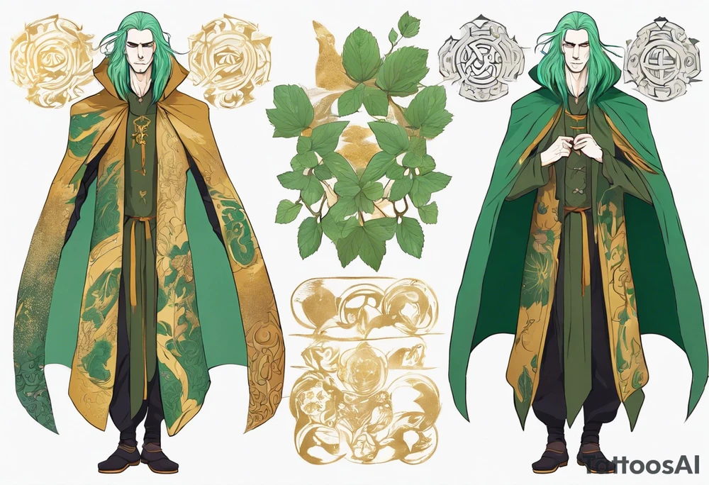 A tall, slender, beautiful man with mint skin, long multi-color hair. Wearing a medieval cloak of gold and green. tattoo idea