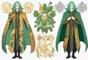 A tall, slender, beautiful man with mint skin, long multi-color hair. Wearing a medieval cloak of gold and green. tattoo idea