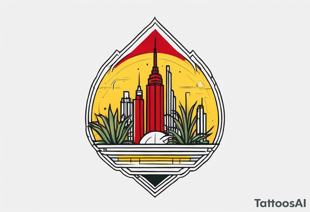 Crest with a hood on top,
13 rays of red and weld-yellow on the top half. NYC sky line
a cactus on the left side and a royal palm on the right side tattoo idea