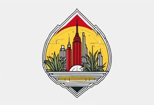 Crest with a hood on top,
13 rays of red and weld-yellow on the top half. NYC sky line
a cactus on the left side and a royal palm on the right side tattoo idea