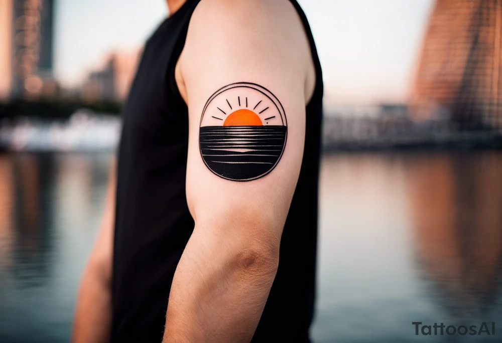 This is an extremely simple and minimalistic tattoo placed on male forearm. It is black and white with tiny splashes of orange from the sun. The tattoo is 4 inches wide by 2 inches tall. From the perspective of being on the ocean, the water is calm, with no waves in sight, the sun is setting behind the ocean, reflecting light onto the water. Most importantly, the tattoo in the shape of a rectangle, 4 inches wide by 2 inches tall. tattoo idea