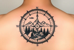 Open compass, bottom half with mountains, trees, stream, and tent. The S of the compass should be a fishing lure tattoo idea