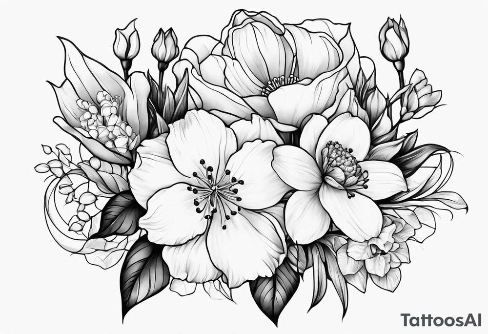 Number 241 with 1 snowdrop flower 2 carnations 1 rose 1 lily of the valley 1 daffodil 1 peony tattoo idea