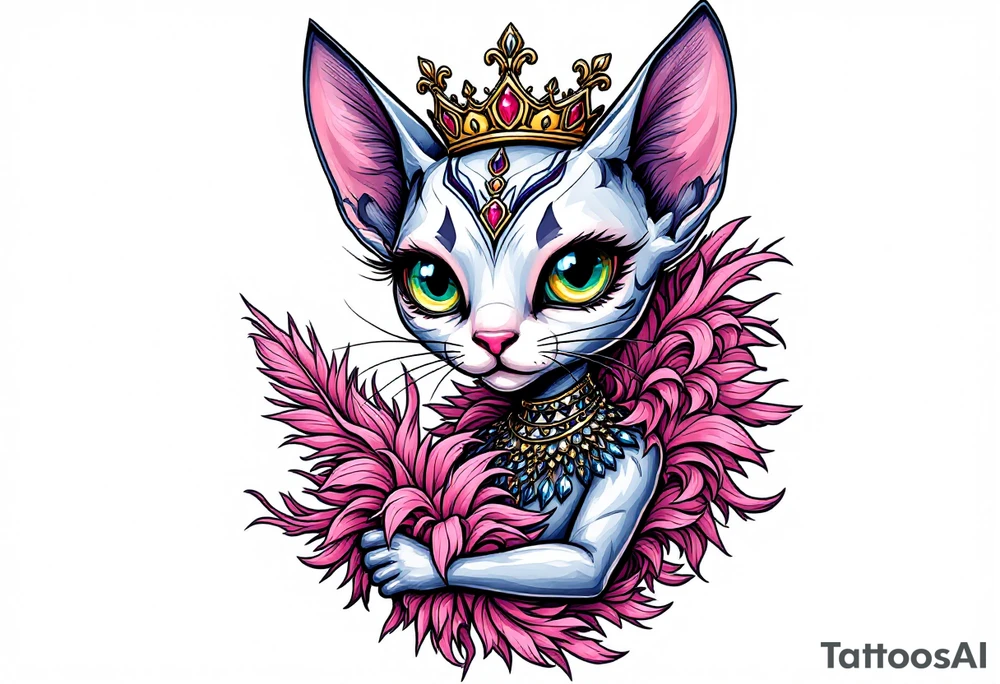 Chibi new school Glamorous sphinx cat holding 
pink feather boa and wearing a crown tattoo idea