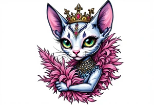 Chibi new school Glamorous sphinx cat holding 
pink feather boa and wearing a crown tattoo idea