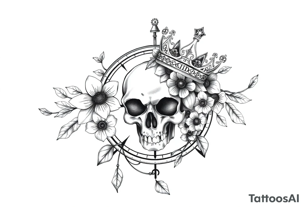 Compass with detailed beautiful gothic boho flowers on vine and skull with gorgeous crown tattoo idea