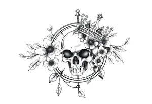 Compass with detailed beautiful gothic boho flowers on vine and skull with gorgeous crown tattoo idea