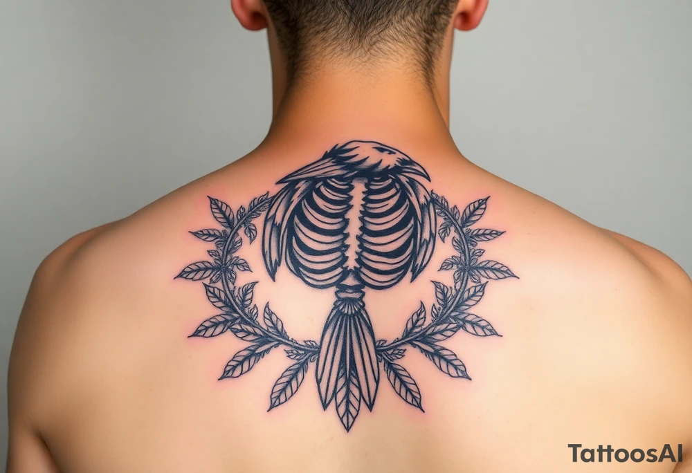 Raven skeleton with peackock feathers and ornaments around tattoo idea