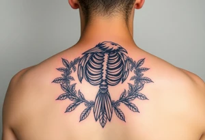 Raven skeleton with peackock feathers and ornaments around tattoo idea