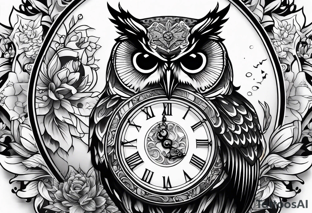 owl with a clock and skull
wisdom tattoo idea