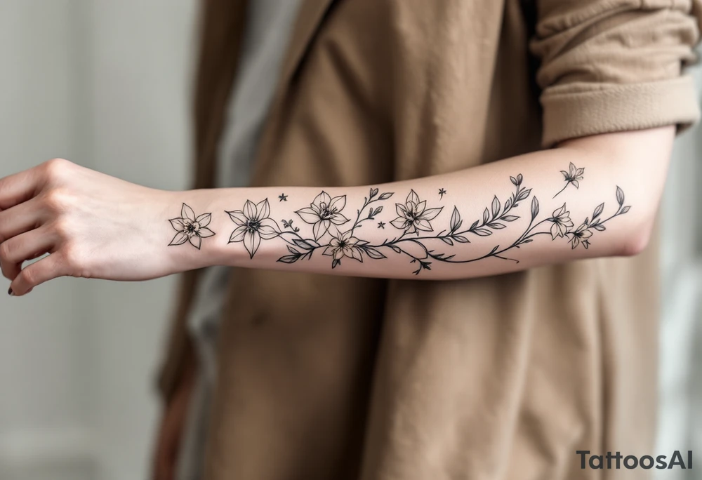 starting from a band mid-forearm, a sleeve of holly flowers and daffodils tattoo idea