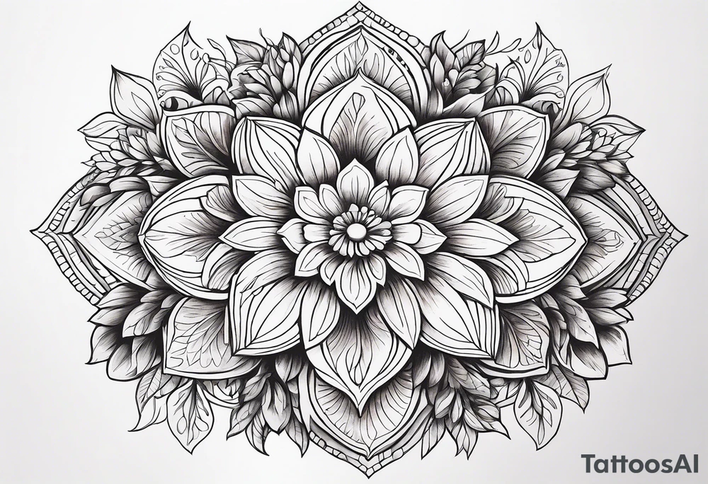 Flowers mandala, colorful, horizontal, botanical tattoo idea