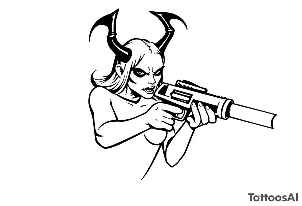 angry succubus holding gun tattoo idea