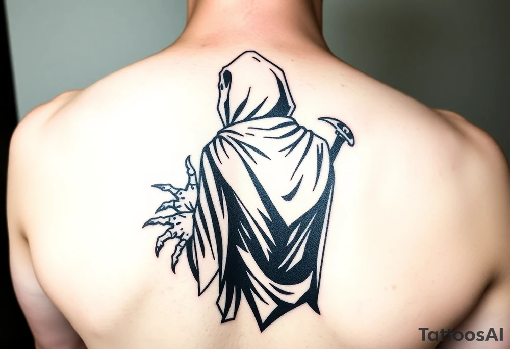 Simple grim reaper looking back holding his hand out to hold tattoo idea