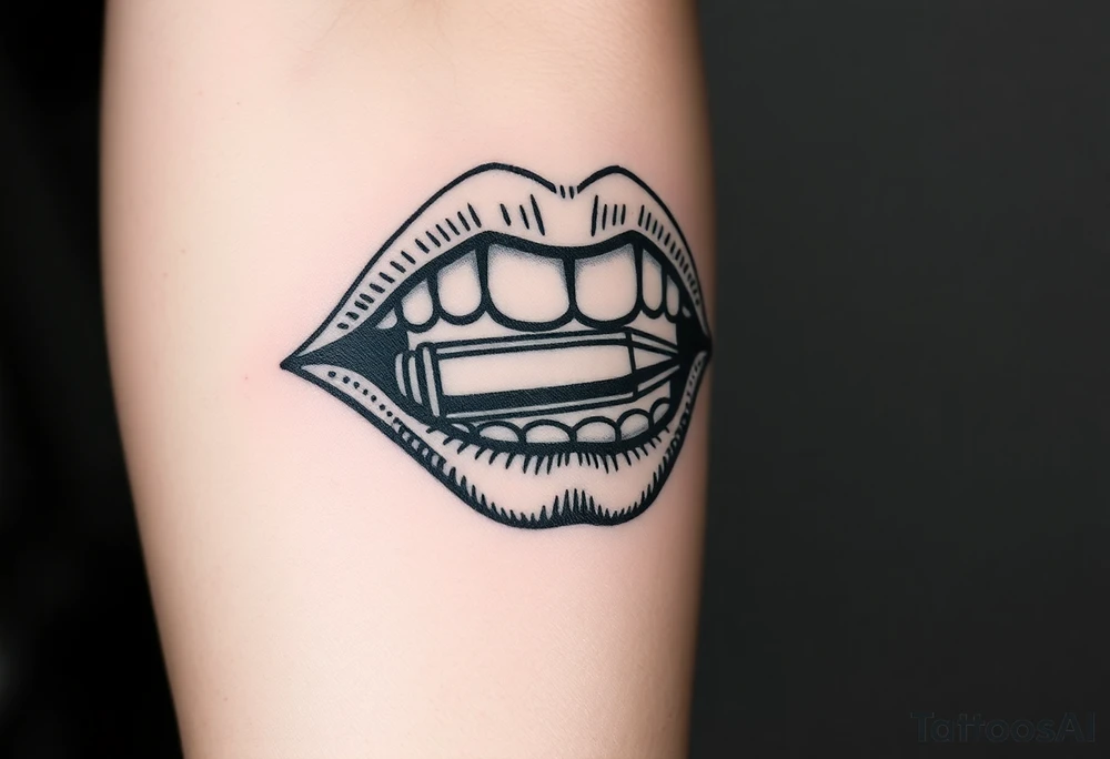 A set of lips snarling with 50cal round between teeth tattoo idea